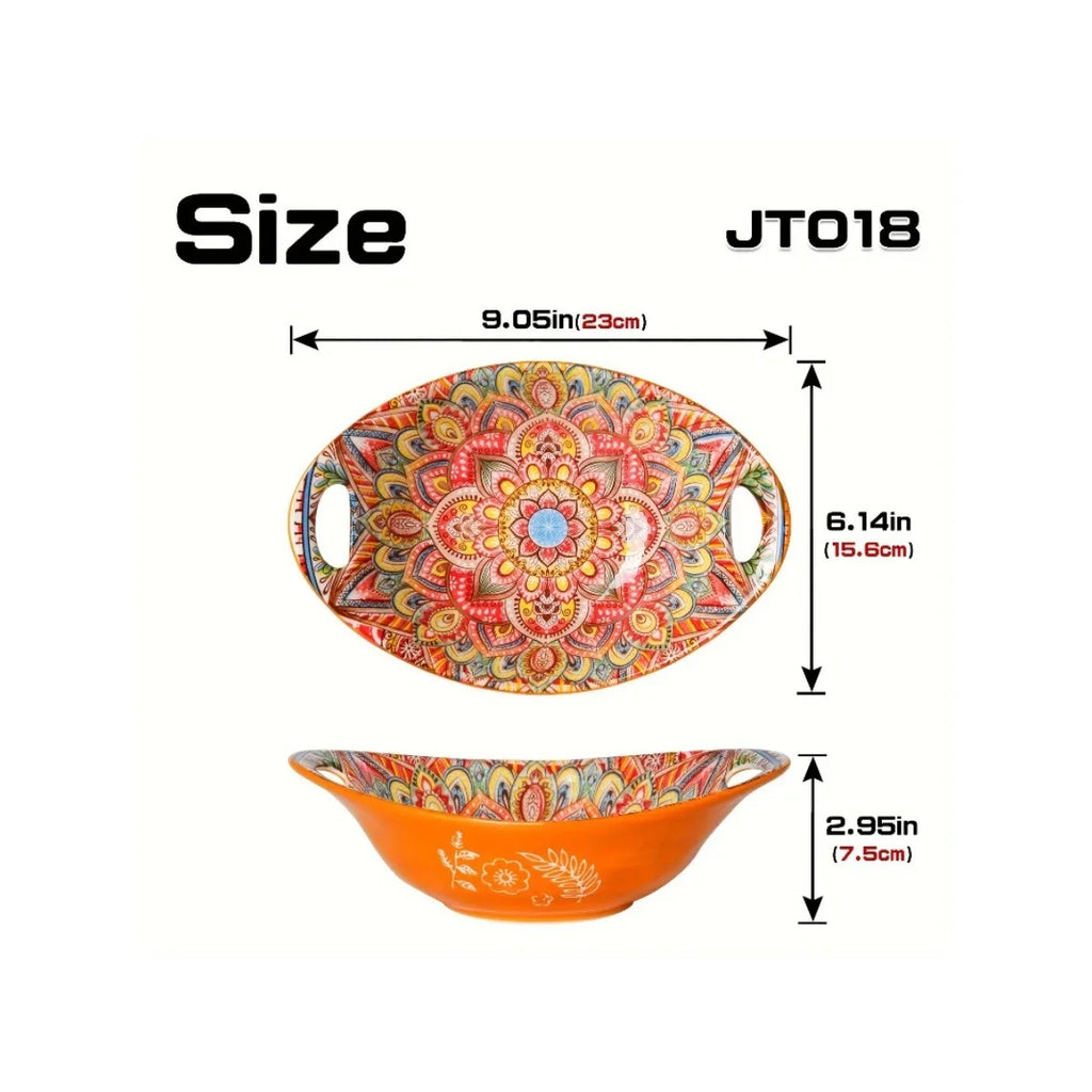 Bohemian-Style Ceramic Bowl Featuring Two Handles - Safe for Microwave And Oven Use,