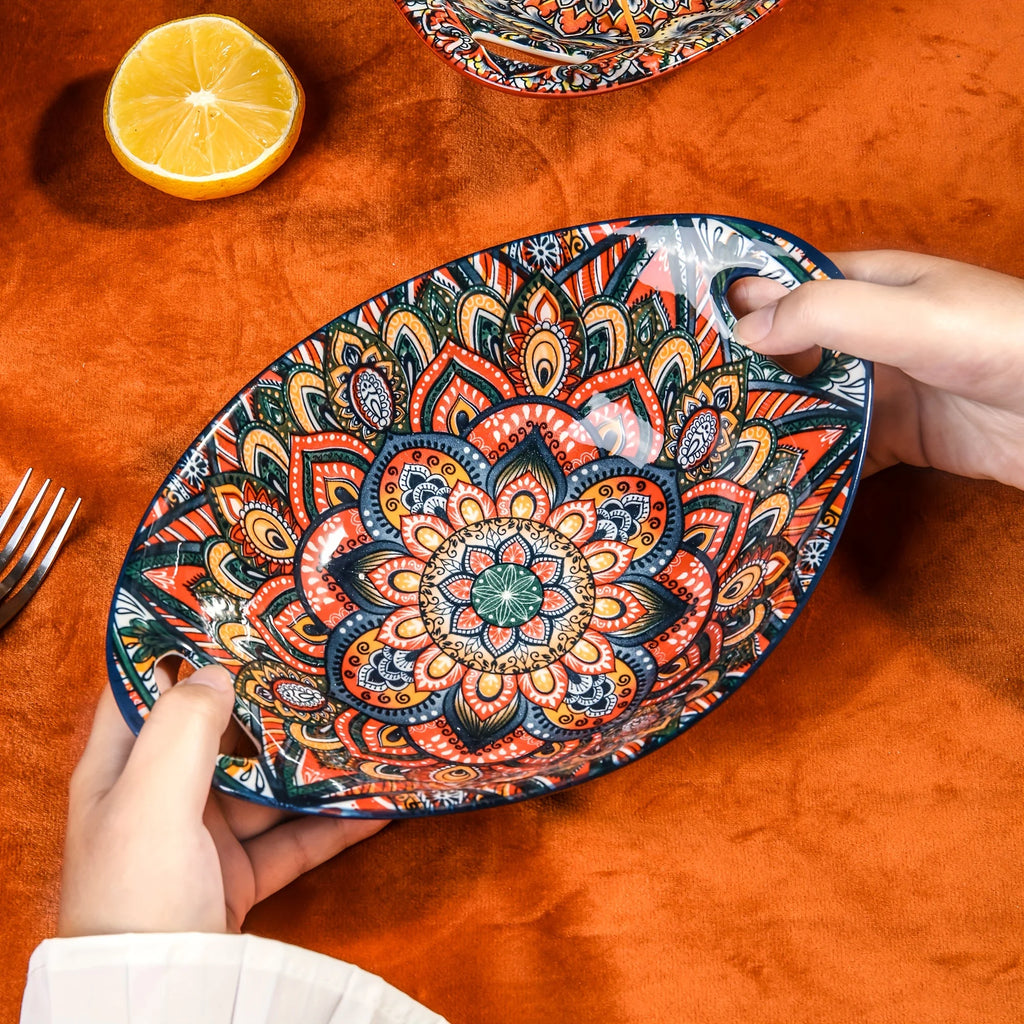 Bohemian-Style Ceramic Bowl Featuring Two Handles - Safe for Microwave And Oven Use,