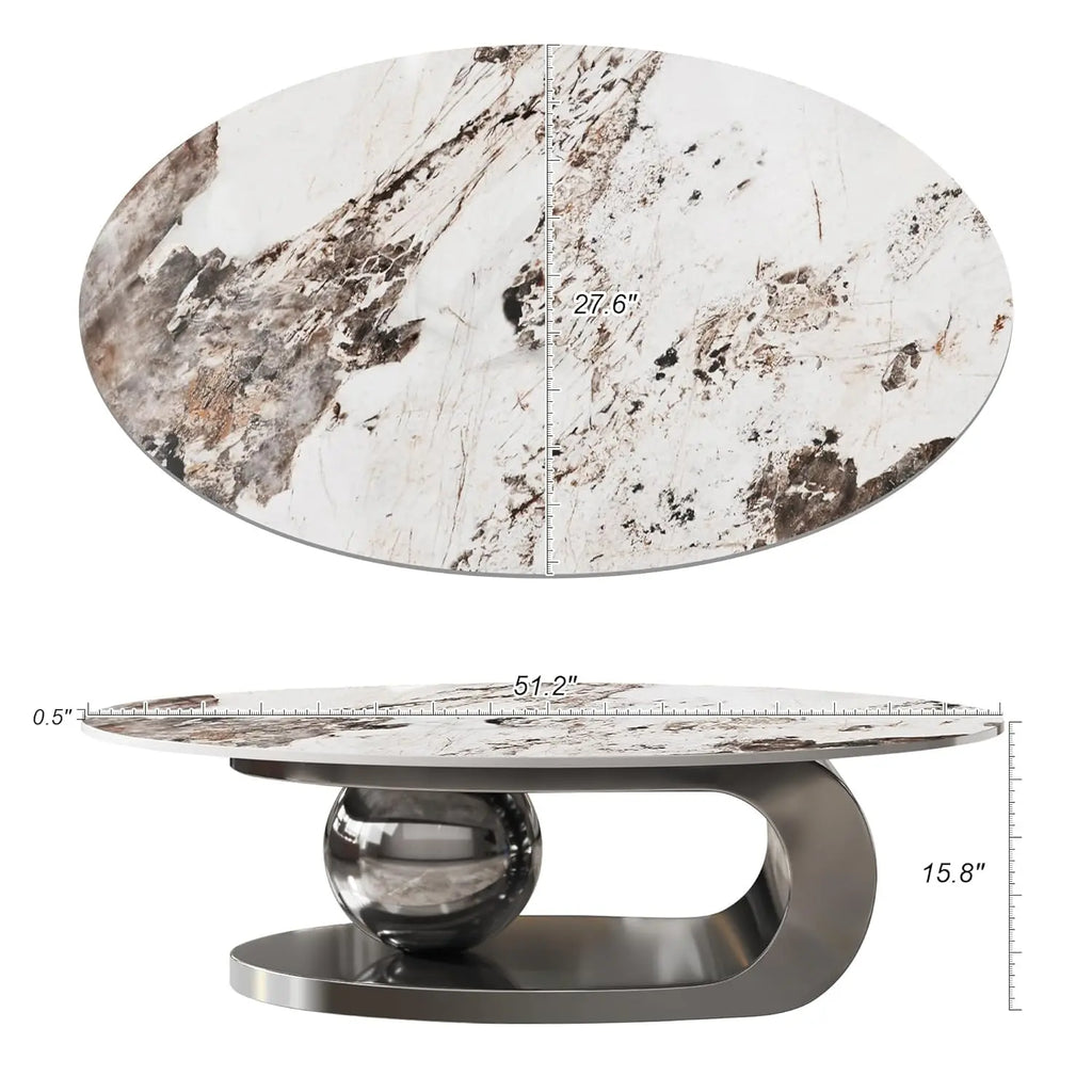 Modern Coffee Table with Silver Stainless Steel Pedestal, Oval Living Room Table with Faux Marble Top