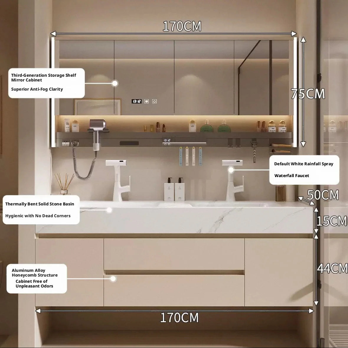 Seamless Integrated Bathroom Vanity with Slab Stone Basin, 2026 New Model