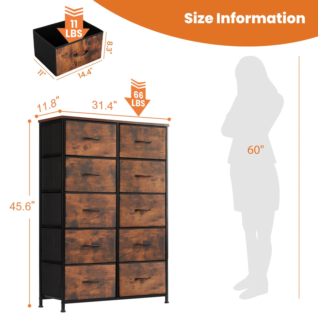 JHK Bedside Table For Bedroom With 10 Fabric Drawers Wardrobe Steel Frame Closet, Also For Living Room Storage Cabinet