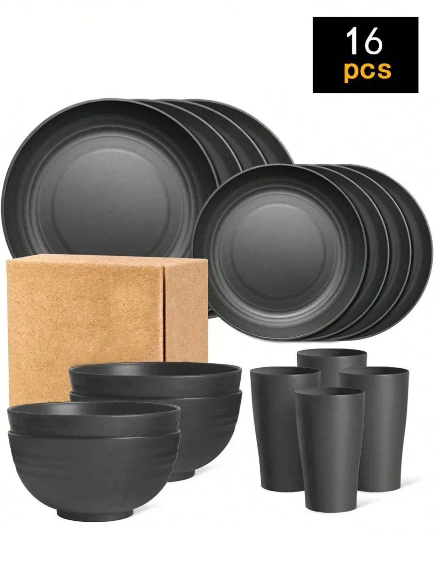 4/16/24pcs Reusable plastic tableware set, including plates, bowls and cups.