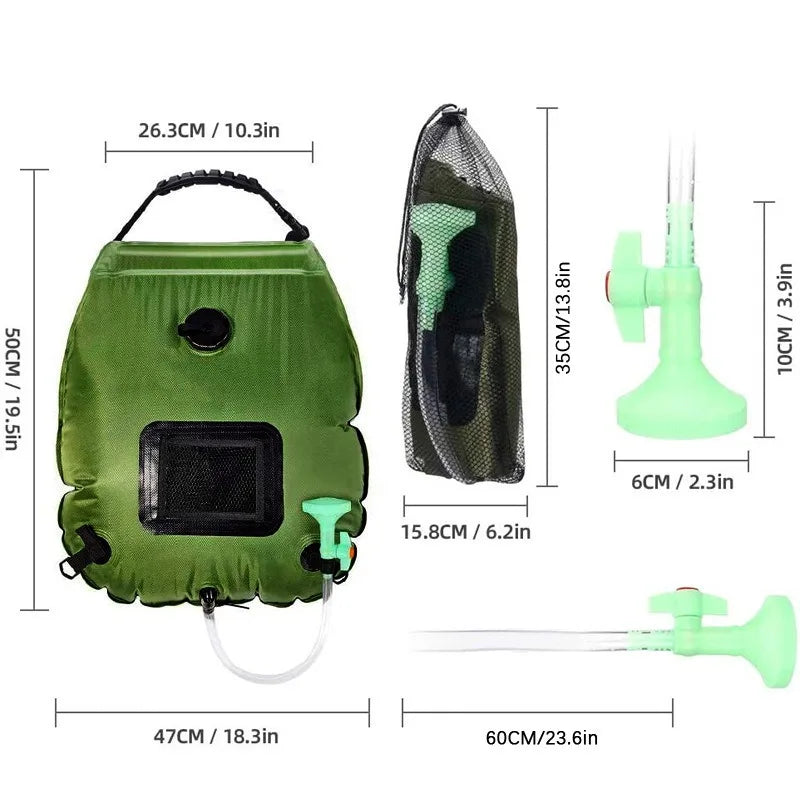Portable Military Green 20L Solar Heated Shower Bag Outdoor Camping Bath Shower Water Bag for Bathing and Grooming Camping Gear