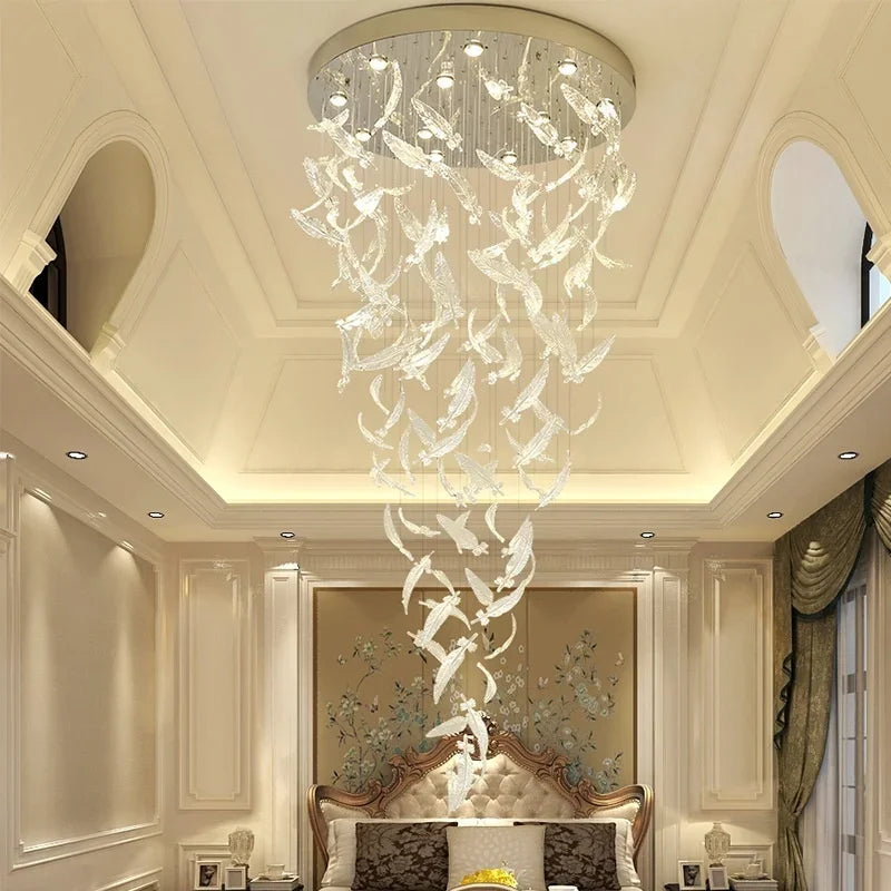 Amber Clear Crystal Feather Chandelier For Staircase
