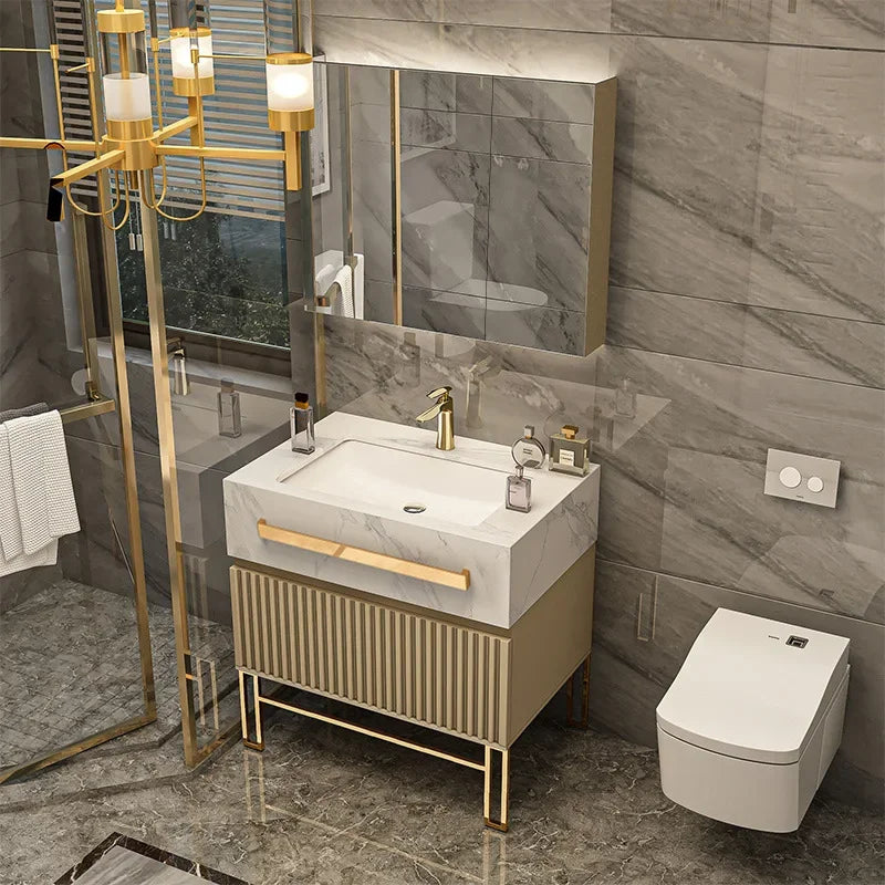 Luxury Bathroom Vanity with Single/Double Slab Ceramic Sink Bathrooms Vanity Smart LED Light Cabinet Sink Bathroom Furniture Set