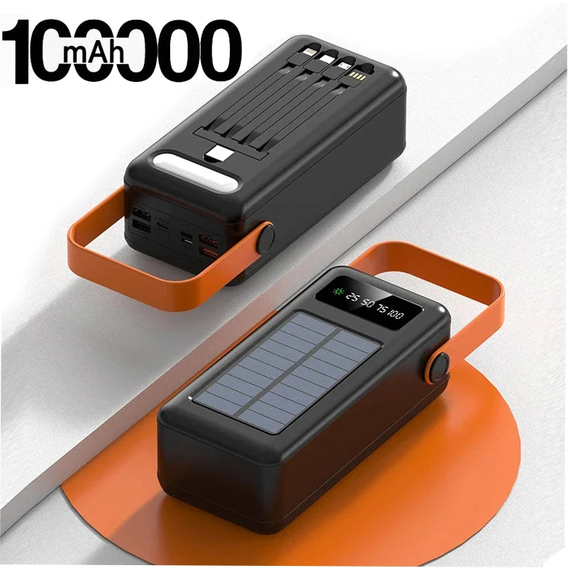 200000mAh Solar Panel Power Bank Fast charging Power Station with Four Wire External Battery Pack with Flashlight For Outdoors
