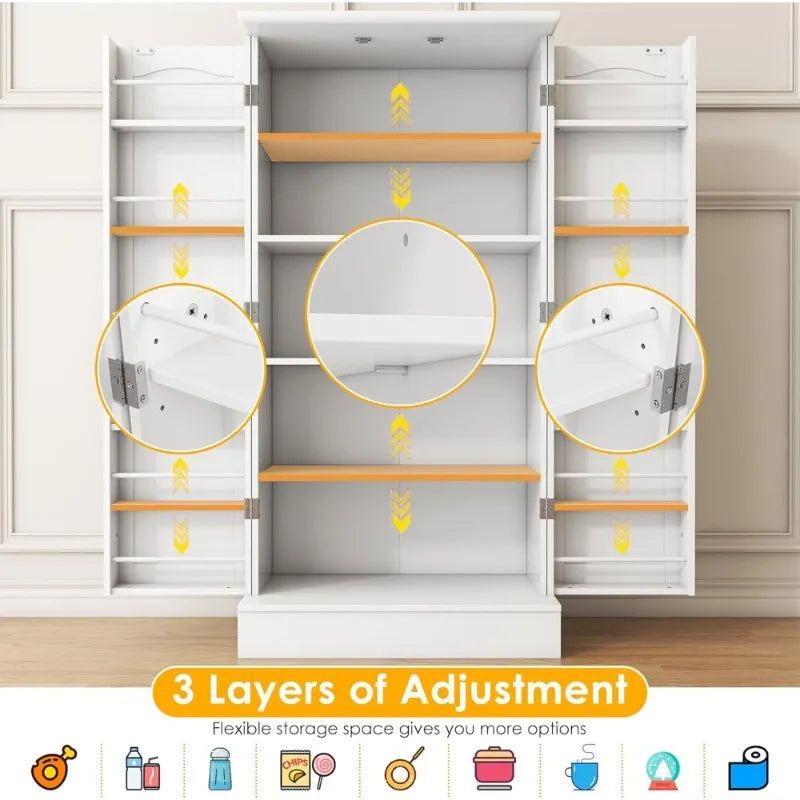 Freestanding Pantry Cabinet with Adjustable Shelves and Doors for Kitchen Dining Room White Storage Cupboard
