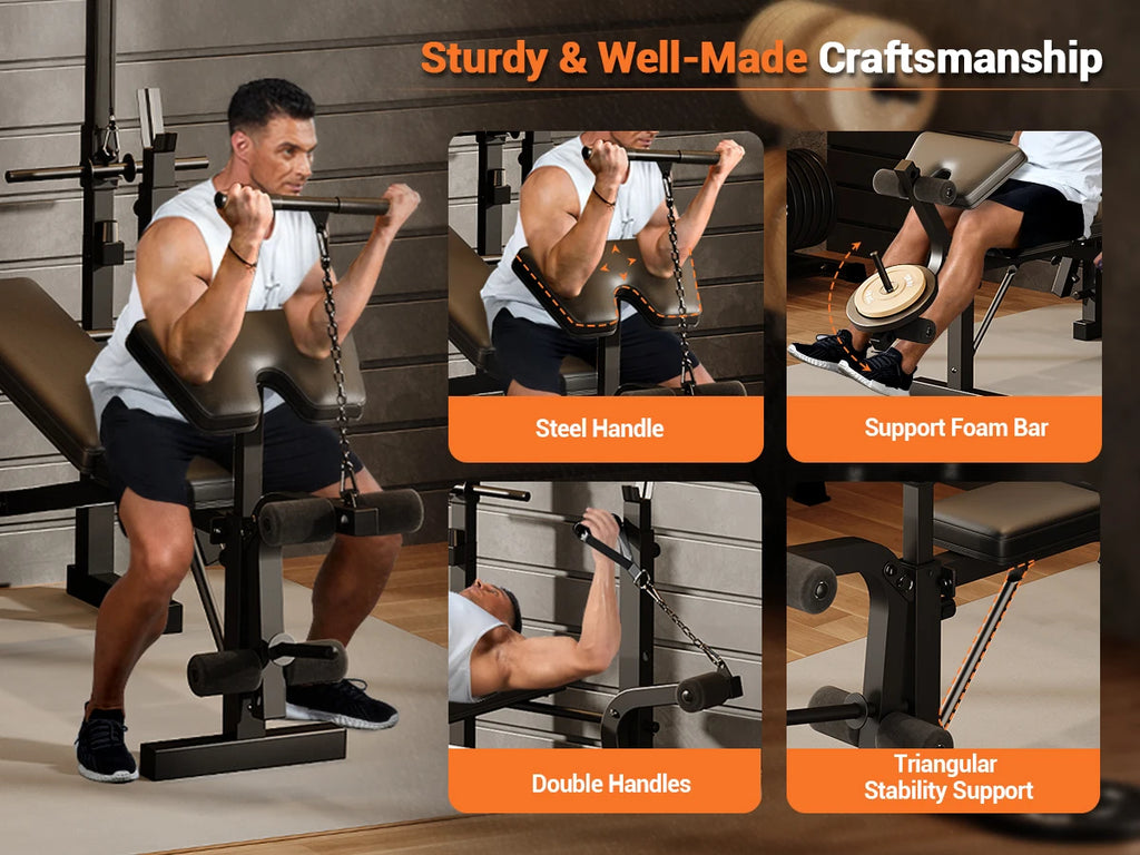 Adjustable 4-in-1 Weight Bench Set with Leg Developer Barbell Rack Butterfly Arm Preacher, Foldable