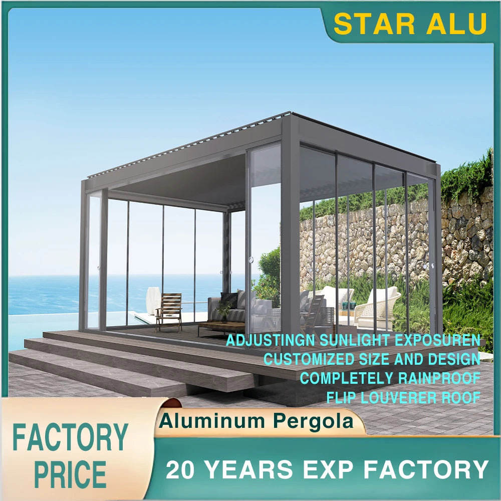 Aluminum Gazebo with Sliding Glass Doors and Motorized Louvered Roof – Ideal for Villa Garden, Balcony, or Poolside Shade