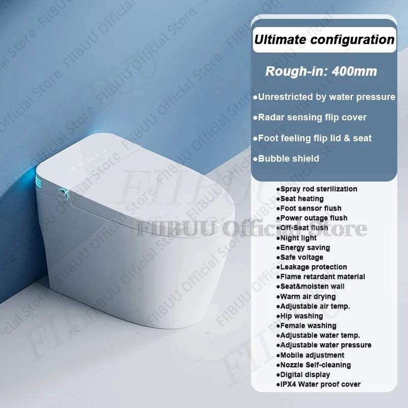Luxury Smart Toilet Built In Water Tank Toilet Heated Seat Elongated Toilet Blackout Food flush Night Light Built-in Bidet Seat