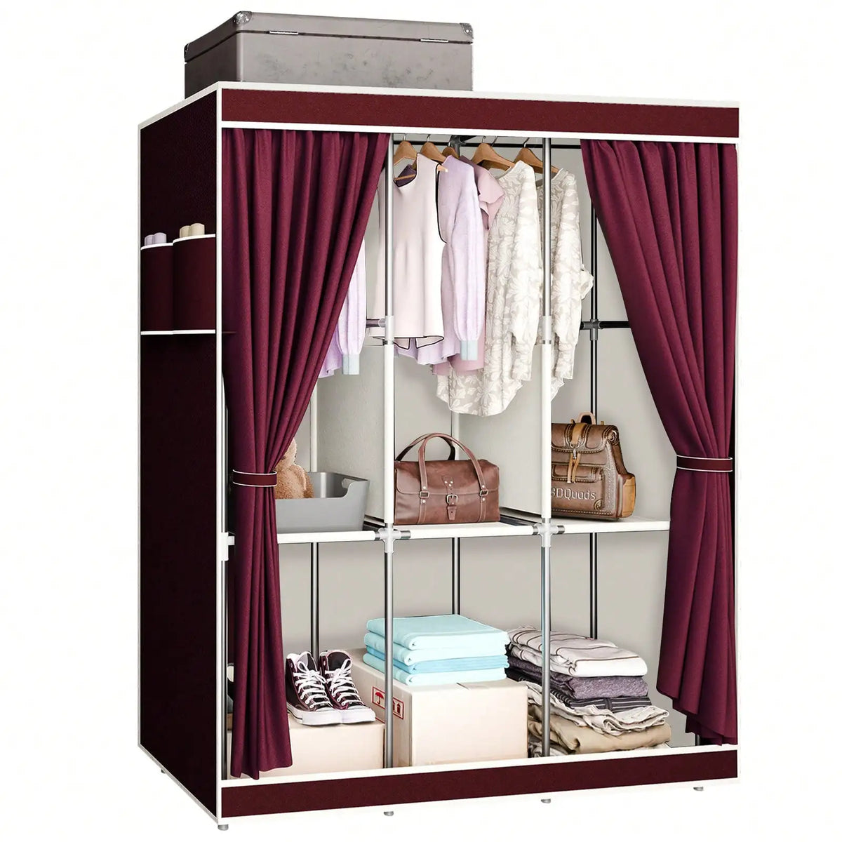 65" Portable Wardrobe Closet with Shelves & Hanging Rod, Large Capacity Cloth Storage Cabinet with Zipper Cover, Dustproof Non-Woven Fabric Organizer