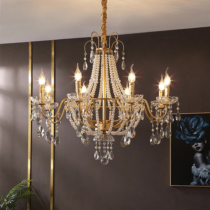 American Crystal Lamp French Retro Style Pearl Chandelier Middle Villa for Living Room Dining Room Bedroom Duplex Chandelier