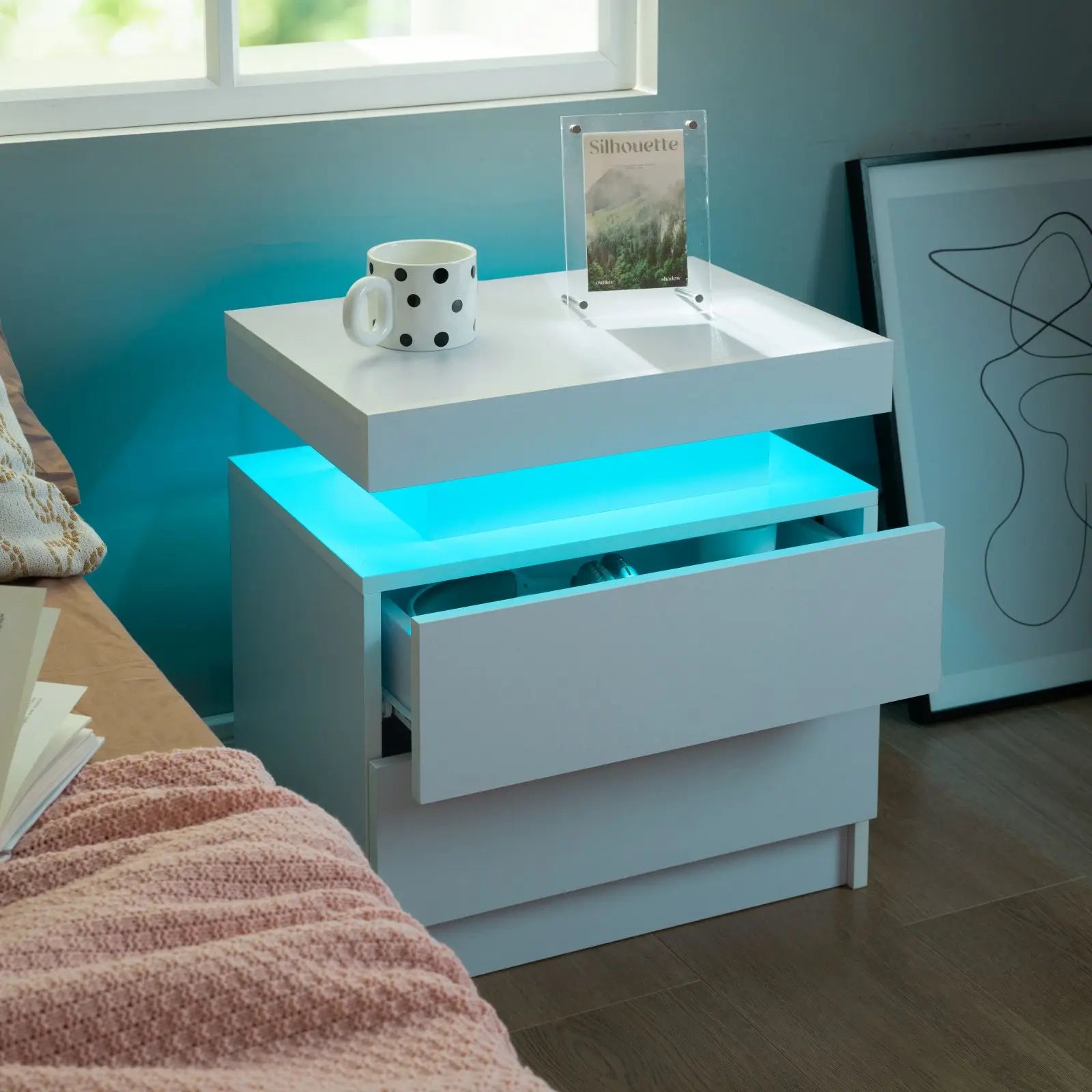 Cubehom Bedroom Nightstand Set of 2 LED Nightstand with 2 Drawers, Nightstand with LED Light