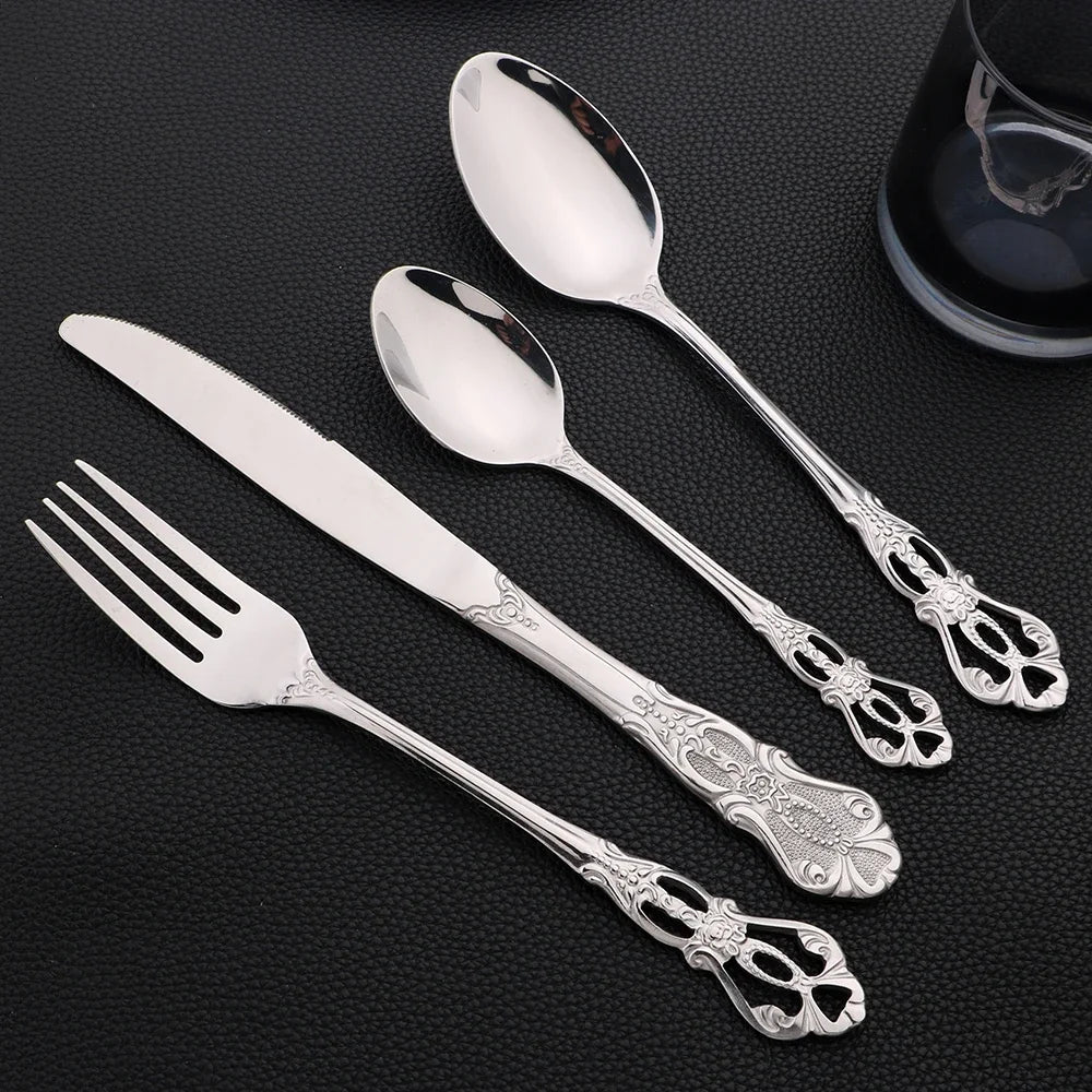 16Pcs  Dinnerware Set Vintage Stainless Steel Tableware Dinner Knife Fork Dessert Spoon Cutlery Set Kitchen Flatware