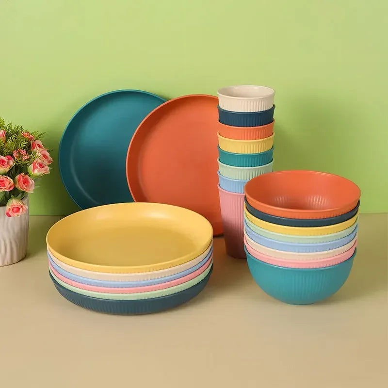 Wheat Straw Dinnerware Set Eco-friendly Safety Plates Cups Bowels, Tableware Set for Outdoor Camping