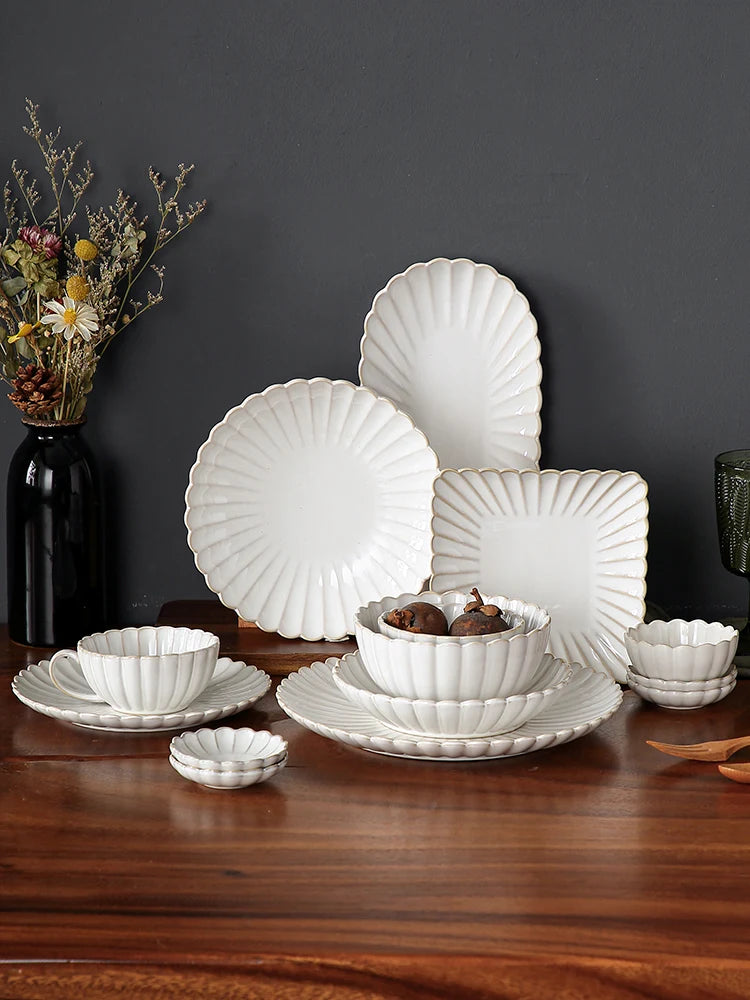 Nordic Household White Bowls Dinner Plates Ceramic White Glaze Tableware Set Western Steak Dish Salad Bowl Vegetable Fish Plate