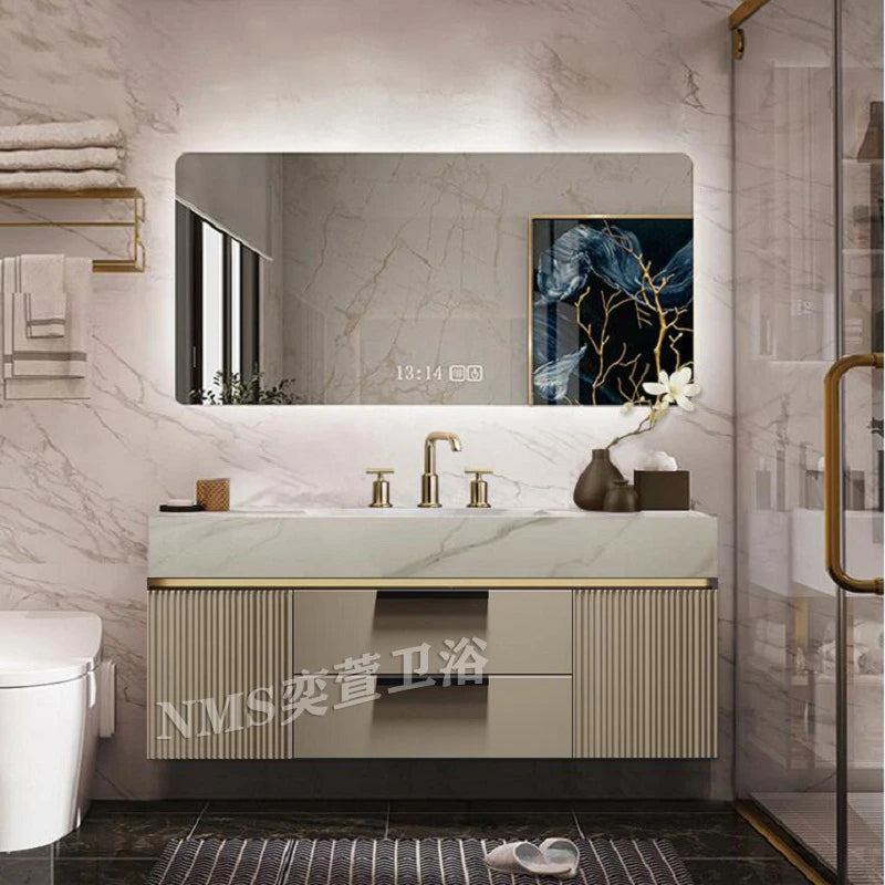 Light Luxury Slate Integrated Basin Bathroom Cabinet, Double Washbasin Combination