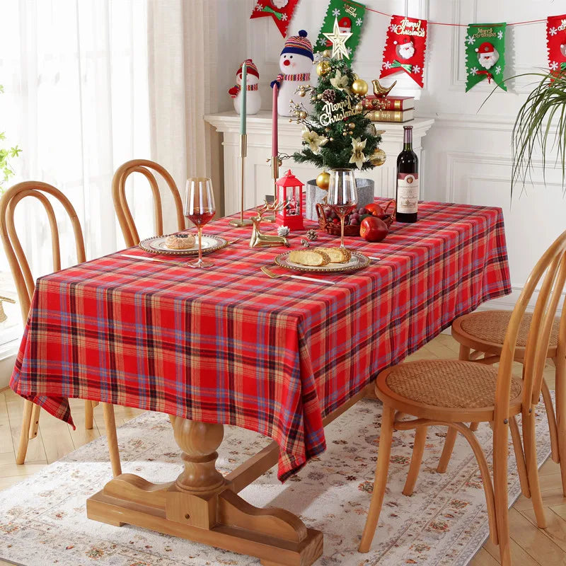 1pc Vintage Christmas Plaid Tablecloth, Rectangular with Tassels, for Dining/Tea Table, Holiday Party Decor