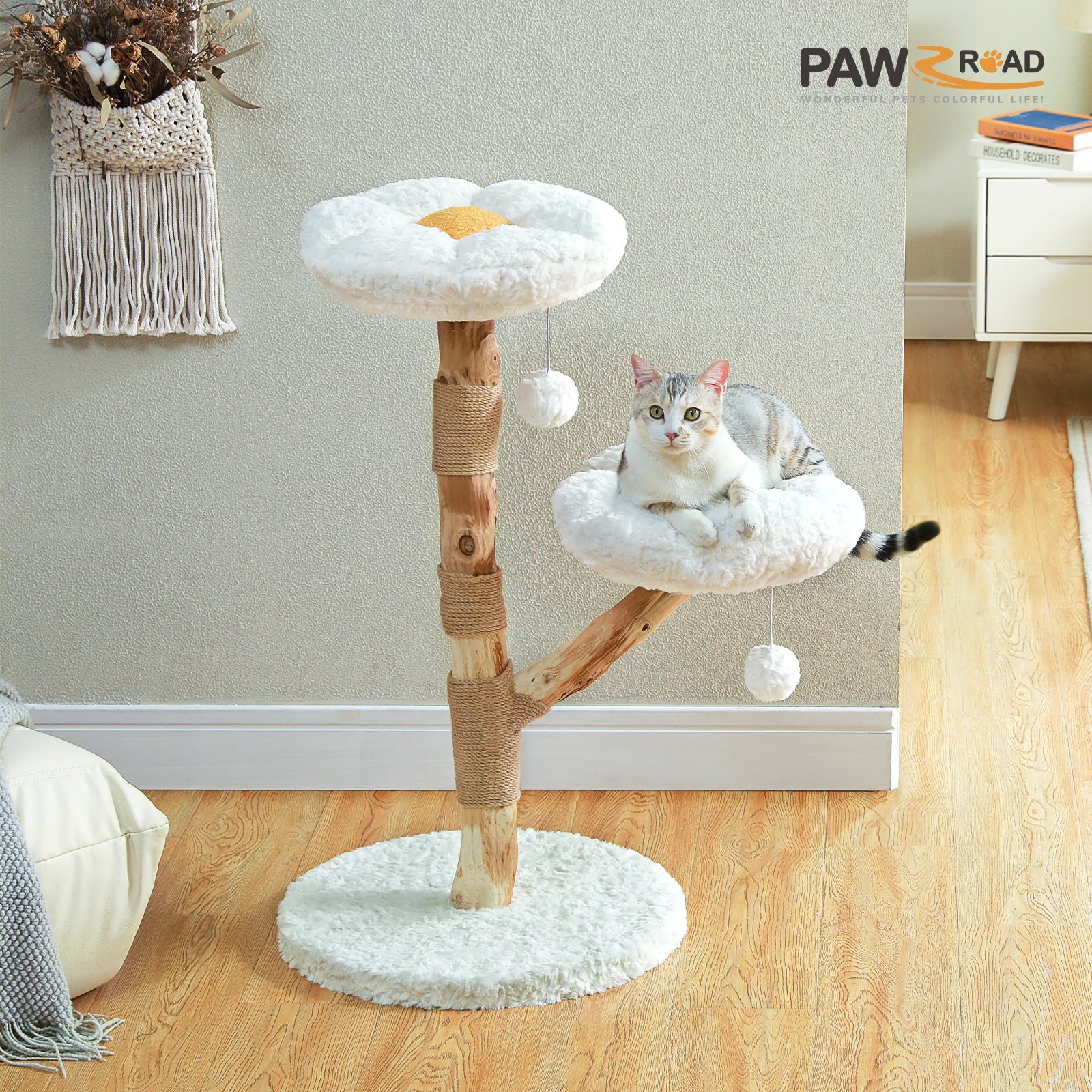 Modern Cat Tree Tower with Natural Solid Wood Scratching Posts Spacious Wicker Basket Luxury Cat Condo Bed