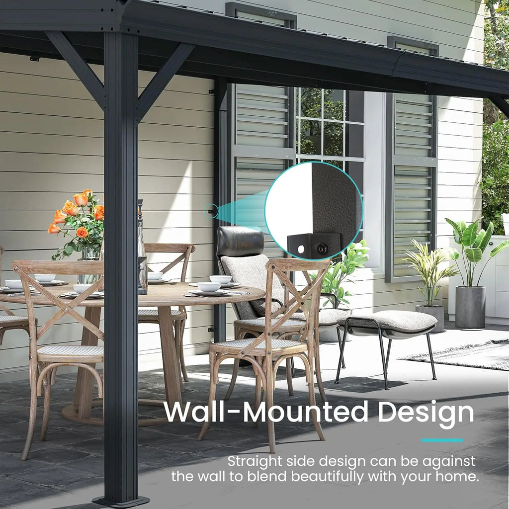 Domi 10' x 14' Lean to Gazebo, Wall Mounted with Built in Drainage System, Galvanized Steel Roof