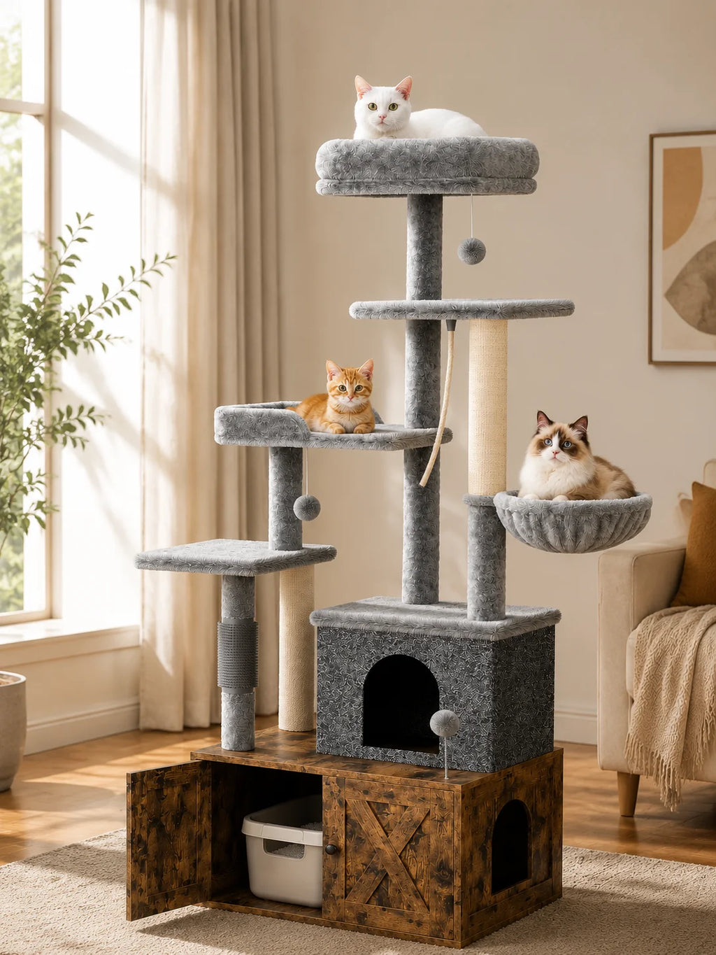 3-in-1 Modern Cat Tree with Hidden Litter Box Enclosure, Cat Condo Furniture with Scratching Post, Hammock & Platforms,