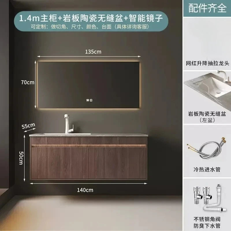 Light Luxury Vanity, Modern Solid Wood Bathroom Sink Cabinet, Rock Slab Integrated Washbasin