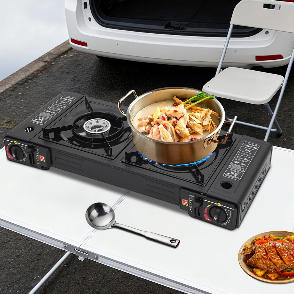 2 Burners Portable Camping Stove, 2.5KW Auto Ignition Butane/LPG Gas Stove w/Baking Tray + Carrying Case