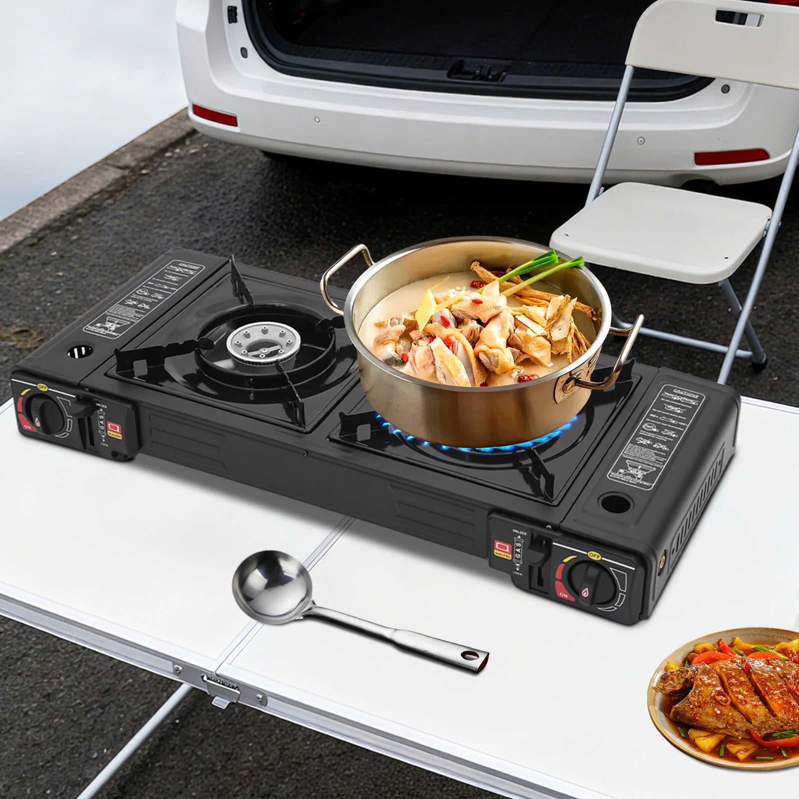 2 Burners Portable Camping Stove, 2.5KW Auto Ignition Butane/LPG Gas Stove w/Baking Tray + Carrying Case