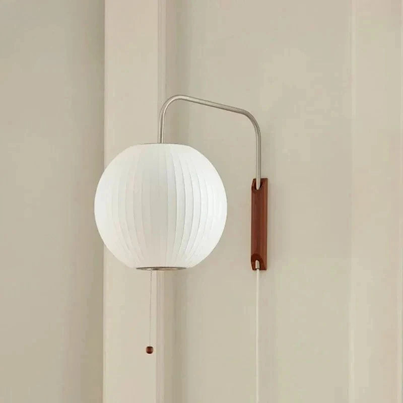 Modern Japanese Style Wall Lamp with Pull Chain Walnut Wood Base Silk Shade LED