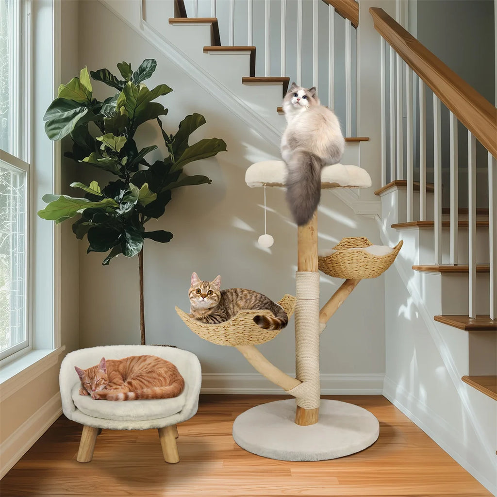 110cm Modern Cat Furniture Climbing Tree Solid Wood Activity Center with Scratching Post