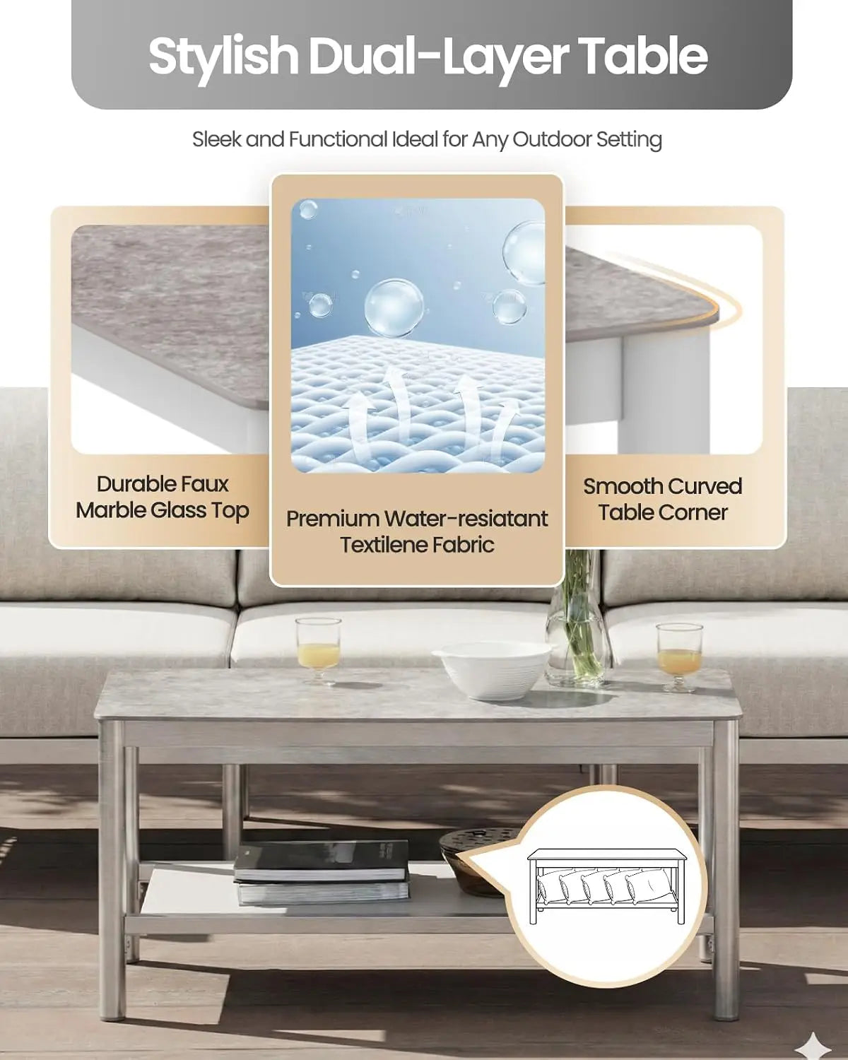 Aluminum Patio Furniture Set, 5 Seats Modern Outdoor Sectional Furniture & Dual-Layer Coffee Table,