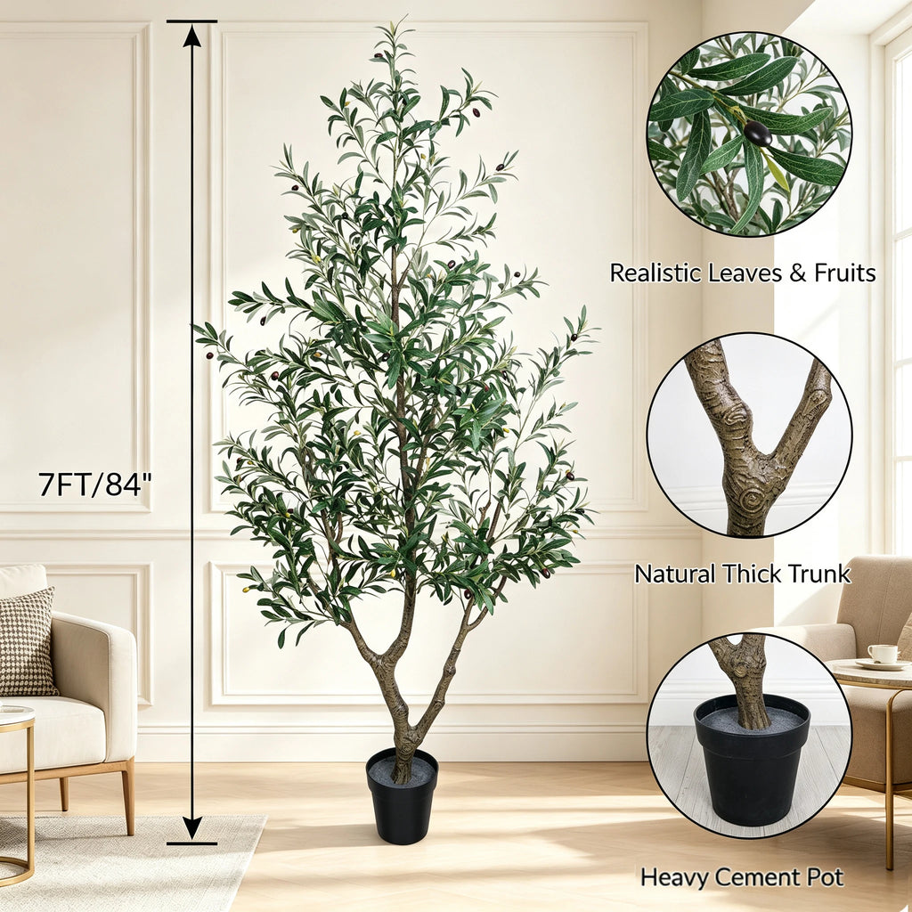 1.5/1.8/2.1m Artificial Olive Tree with Black Pot, Outdoor Indoor Artificial Plant with Natural Wood Trunk and Lifelike Fruits