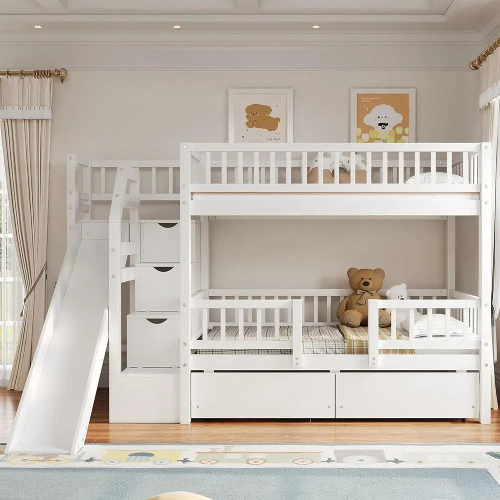 RUNNA Twin Over Twin Bunk Bed with Slide, Storage Drawers & Staircase, Solid Pine Wood, No Box Spring Needed,