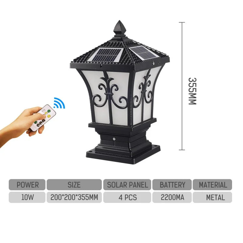 Round Solar Pillar Post Light Waterproof Outdoor LED Gate Lamp 3 Color Dimmable for Garden Patio Yard Decor