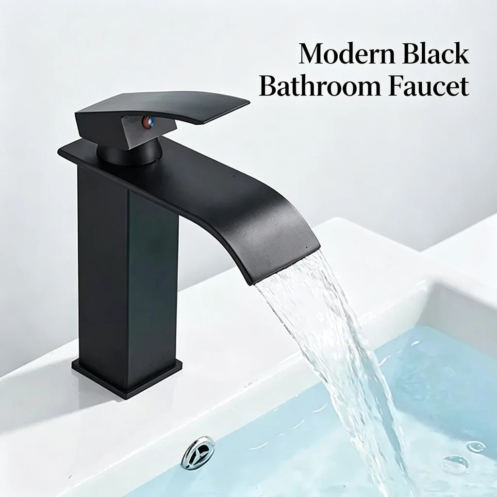 Matte Black Modern Bathroom Sink Waterfall Spout Faucet