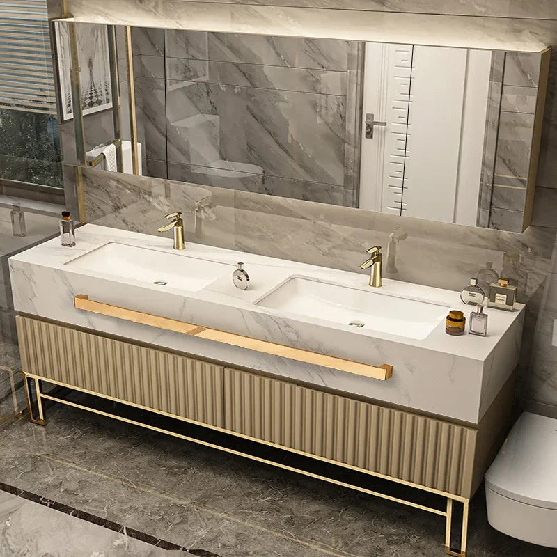 Luxury Bathroom Vanity with Single/Double Slab Ceramic Sink Bathrooms Vanity Smart LED Light Cabinet Sink Bathroom Furniture Set