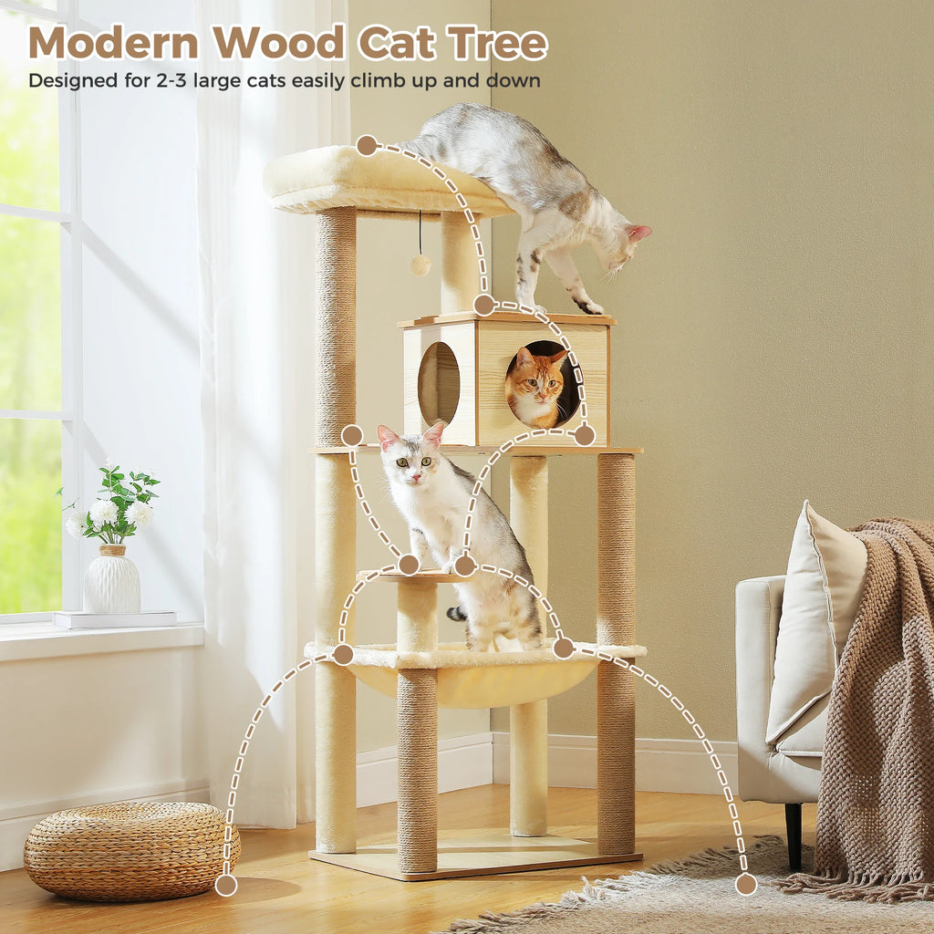 Wood Cat Tree with Sisal Scratching Posts, Large Hammock, Cozy Condo Bed, Multi-Level Cat Tower