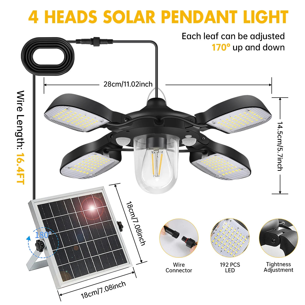 192led Solar Powered Light for Indoor and Outdoor, 1000LM Dual Motion Sensor Solar Pendant Light
