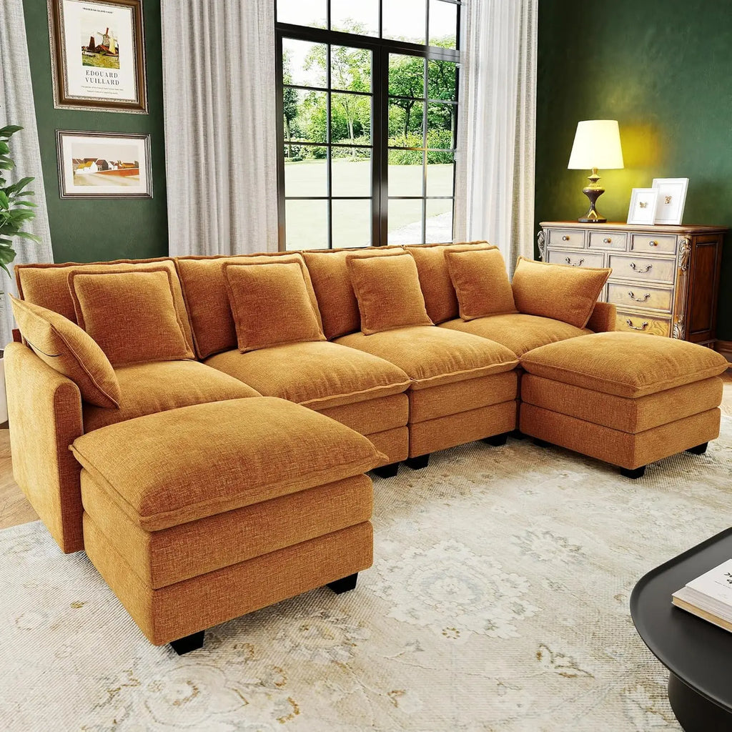 U Shaped Modular Sectional Sofa Deep Seat 4 Seat with 6 Washable Pillows 2 Ottoman Living Room Bedroom Apartment 107", Custom