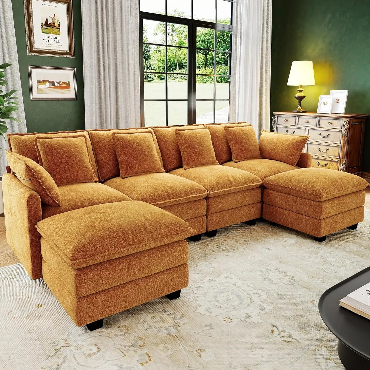 U Shaped Modular Sectional Sofa Deep Seat 4 Seat with 6 Washable Pillows 2 Ottoman Living Room Bedroom Apartment 107", Custom