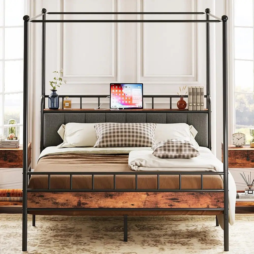 LIKIMIO Canopy Bed Frame Queen, Storage Headboard with Charging Station, Platform Bed with 4 Removable Sturdy Posts,