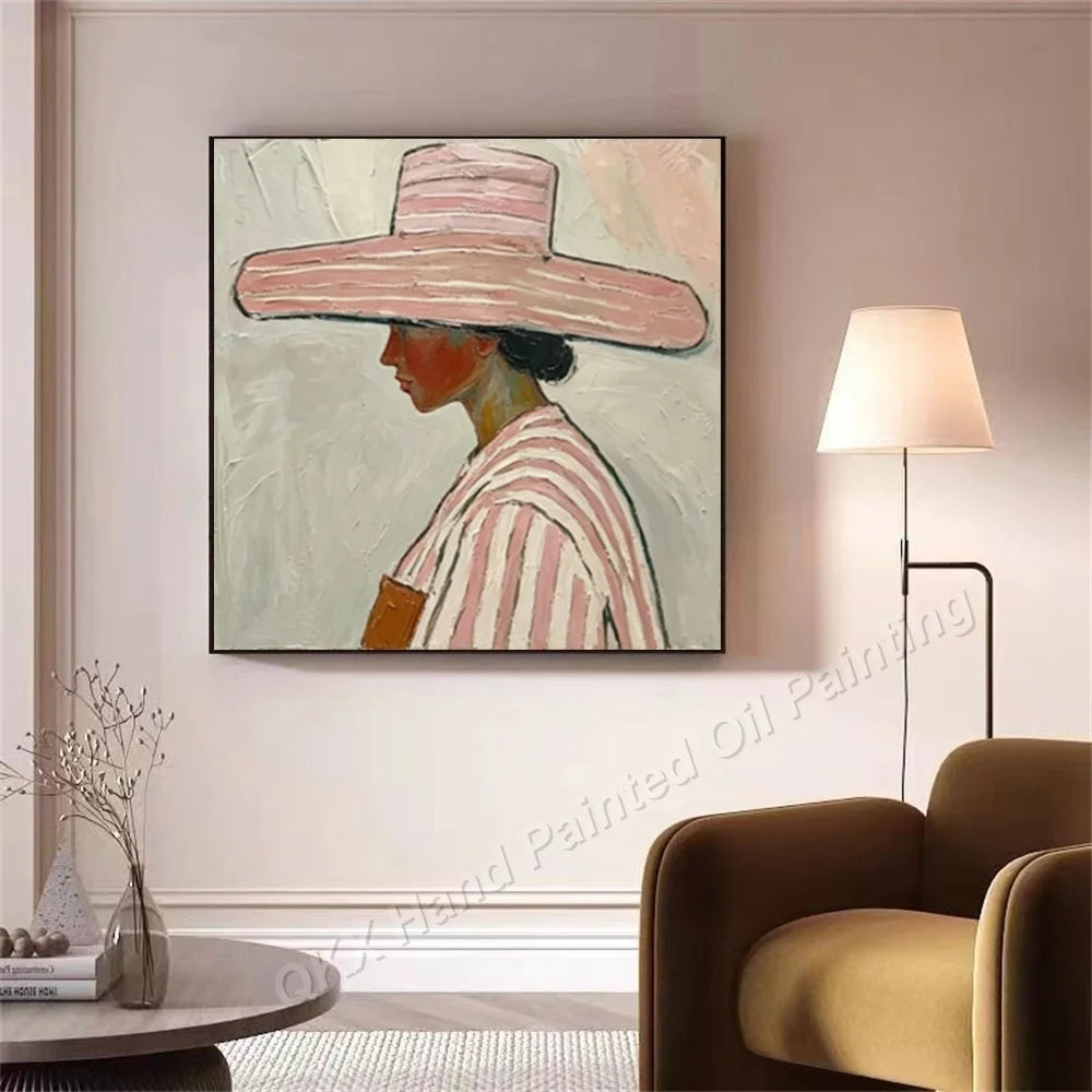 Hand-Painted Oil Painting on Canvas, Macaron Tone Striped Figure Textured Abstract Wall Painting