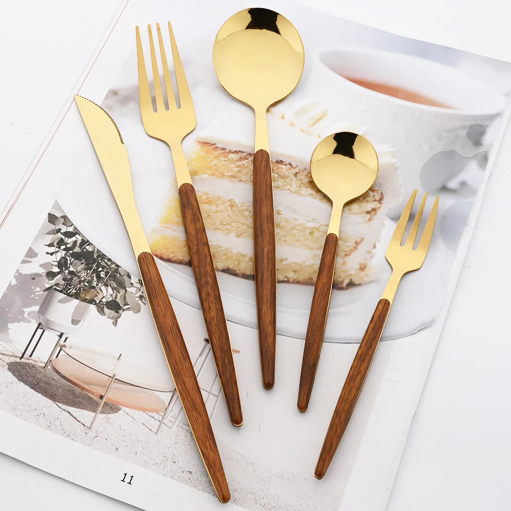 6/30Pcs Imitation Wooden Handle Cutlery Set Knife Cake Fork Coffee Spoons Tableware Stainless Steel Dinnerware Western Flatware