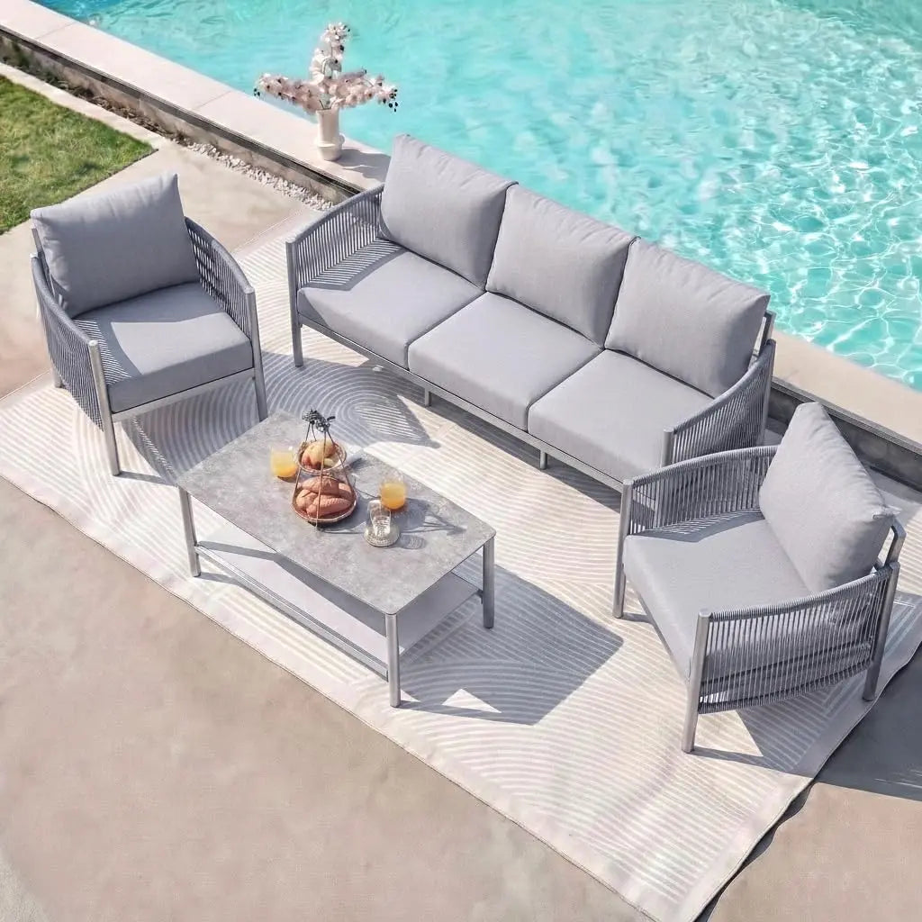 Aluminum Patio Furniture Set, 5 Seats Modern Outdoor Sectional Furniture & Dual-Layer Coffee Table,