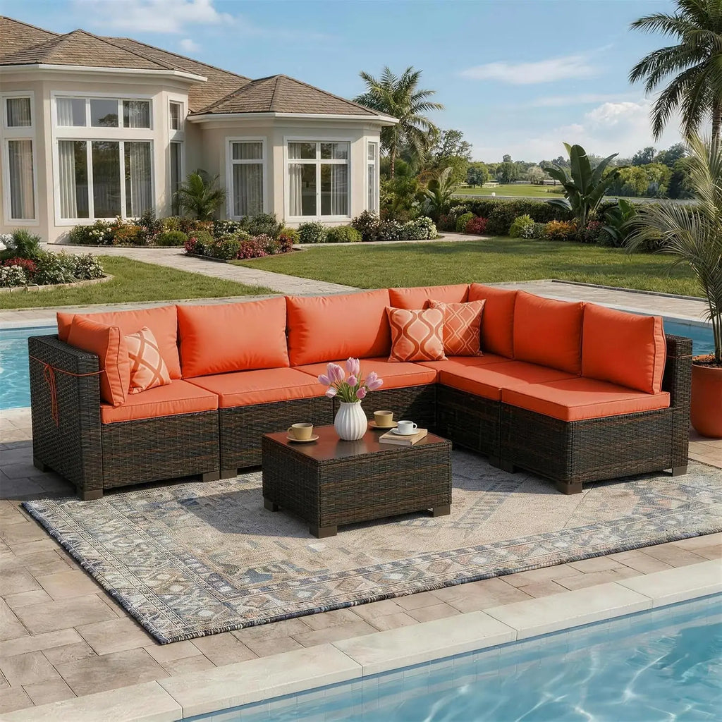 7 Pieces Rattan Wicker Sectional Sofa Set, with Tea Table