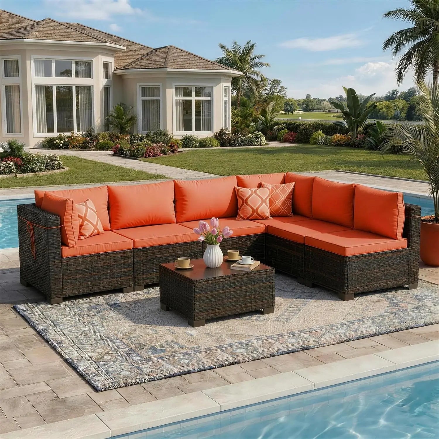 7 Pieces Rattan Wicker Sectional Sofa Set, with Tea Table
