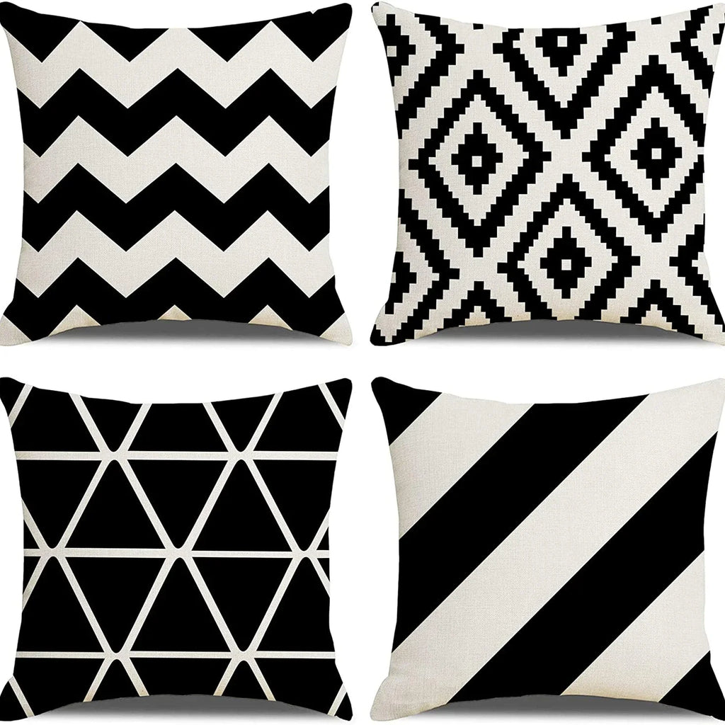 Black Geometric Linen Pillow Cover