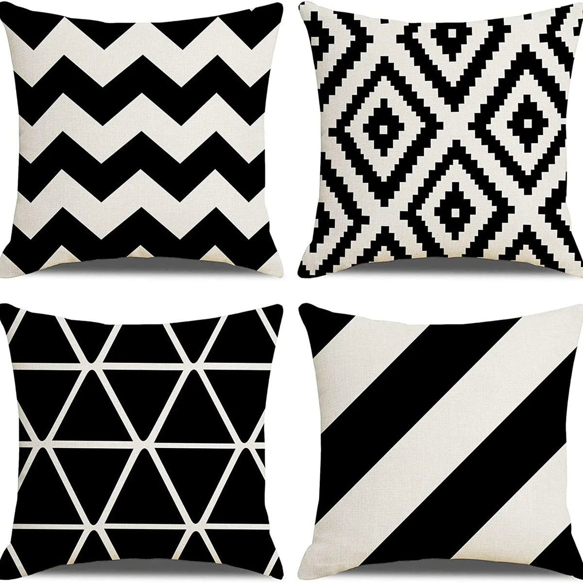 Black Geometric Linen Pillow Cover