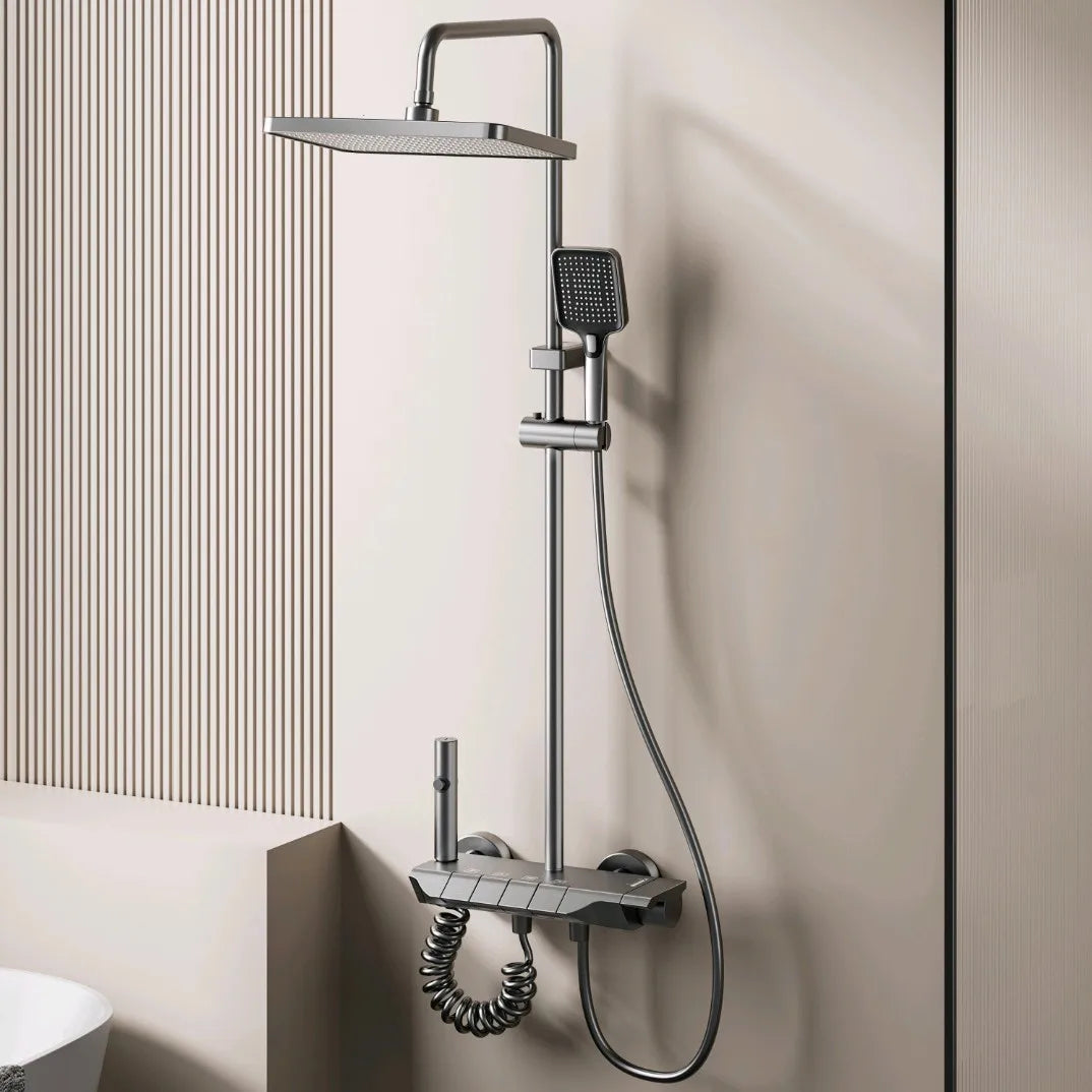 Bathroom Aluminum Gunmetal Gray Shower Set, Hot and Cold Water Multifunctional Piano Keys