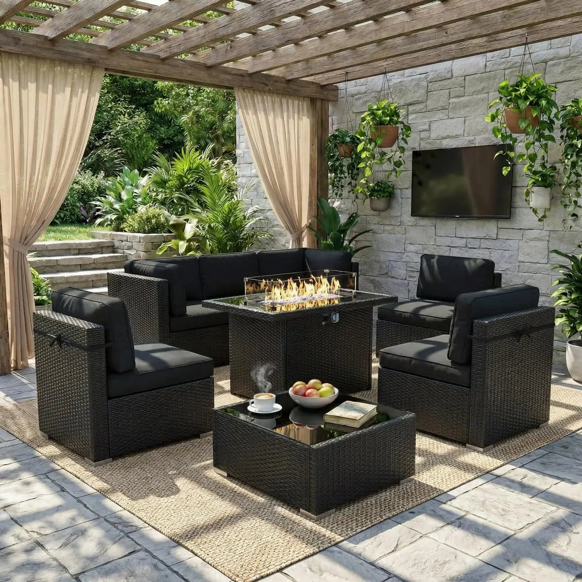8 Piece Patio Furniture Set with 44" Propane Gas Fire Pit Table,